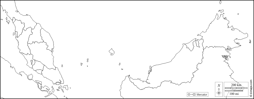 Malaisie : d-maps.com: carte géographique gratuite, carte géographique muette gratuite, carte vierge gratuite, fond de carte gratuit, formats graphiques courants : frontières, Etats, blanc