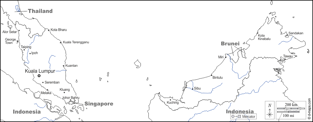 Malásia : d-maps.com: mapa livre, mapa em branco livre, mapa livre do esboço, mapa básico livre
 : fronteiras, hidrografia, principais cidades, nomes, branco