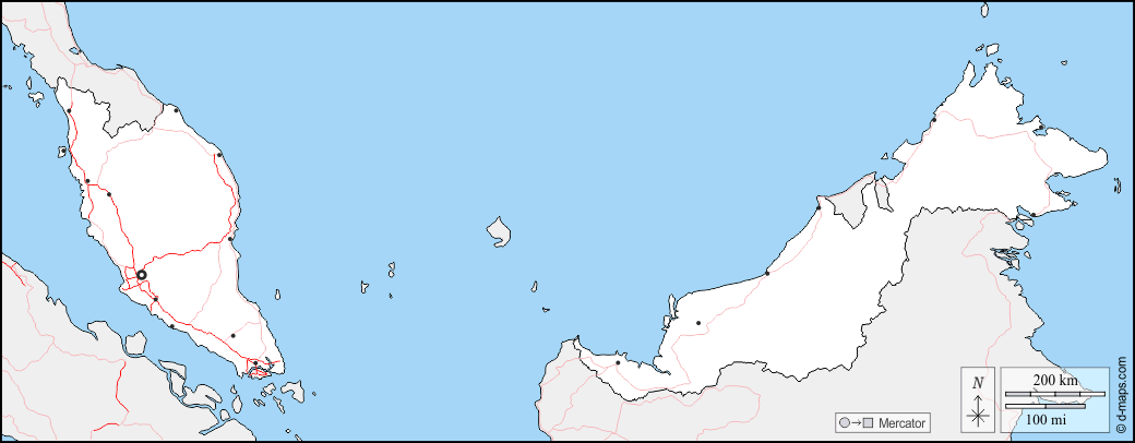 Malásia : d-maps.com: mapa livre, mapa em branco livre, mapa livre do esboço, mapa básico livre
 : fronteiras, principais cidades, estradas