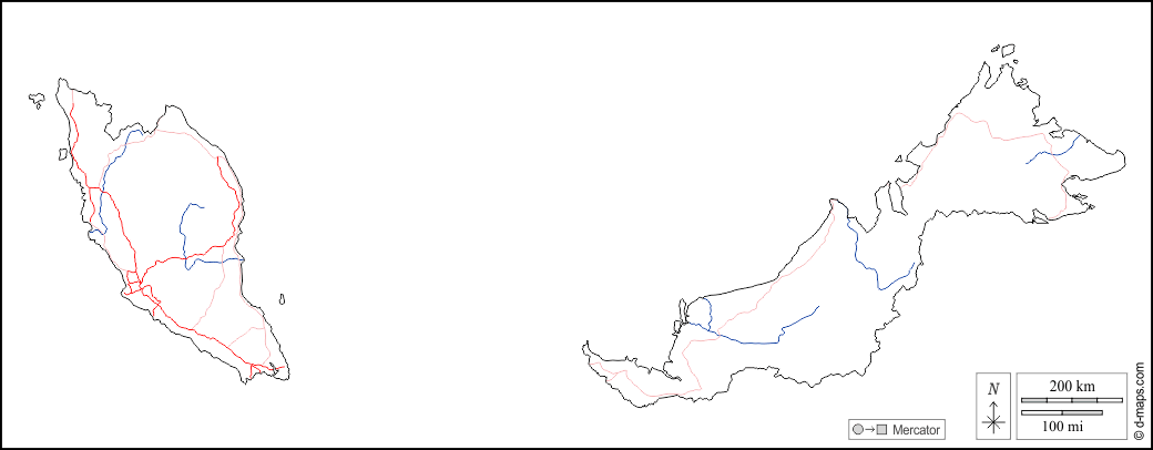 Malaysia : d-maps.com: free map, free blank map, free outline map, free base map : outline, hydrography, roads, white