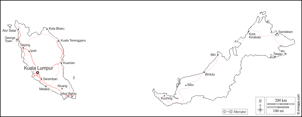 马来西亚 : d-maps.com: 免费地图, 免费的空白地图, 免费的轮廓地图, 免费基地地图 : 大纲, 主要城市, 道路, 名称, 白