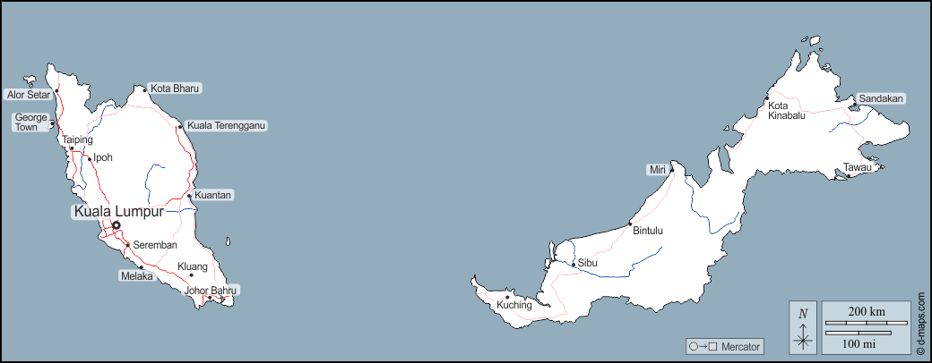 Malaysia : d-maps.com: free map, free blank map, free outline map, free base map : outline, hydrography, main cities, roads, names