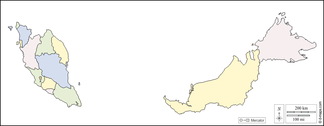 Malaisie : d-maps.com: carte géographique gratuite, carte géographique muette gratuite, carte vierge gratuite, fond de carte gratuit, formats graphiques courants : contours, Etats, couleur, blanc