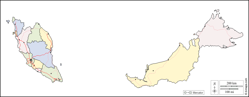 Malásia : d-maps.com: mapa livre, mapa em branco livre, mapa livre do esboço, mapa básico livre
 : contornos, estados, principais cidades, estradas, cor, branco