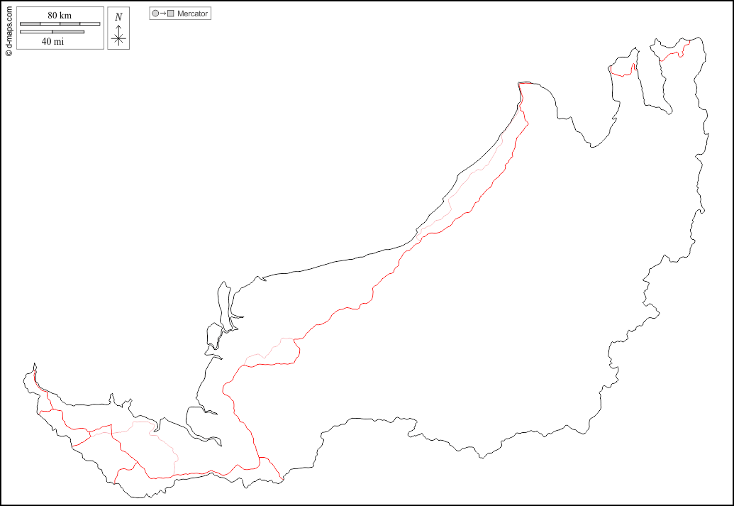 Sarawak : d-maps.com: mappa gratuita, mappa muta gratuita, cartina muta gratuita : contorni, strade, bianco