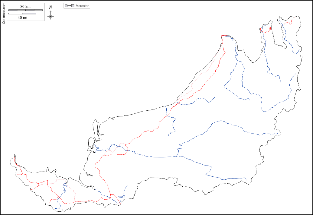Sarawak : d-maps.com: mappa gratuita, mappa muta gratuita, cartina muta gratuita : contorni, idrografia, strade, bianco