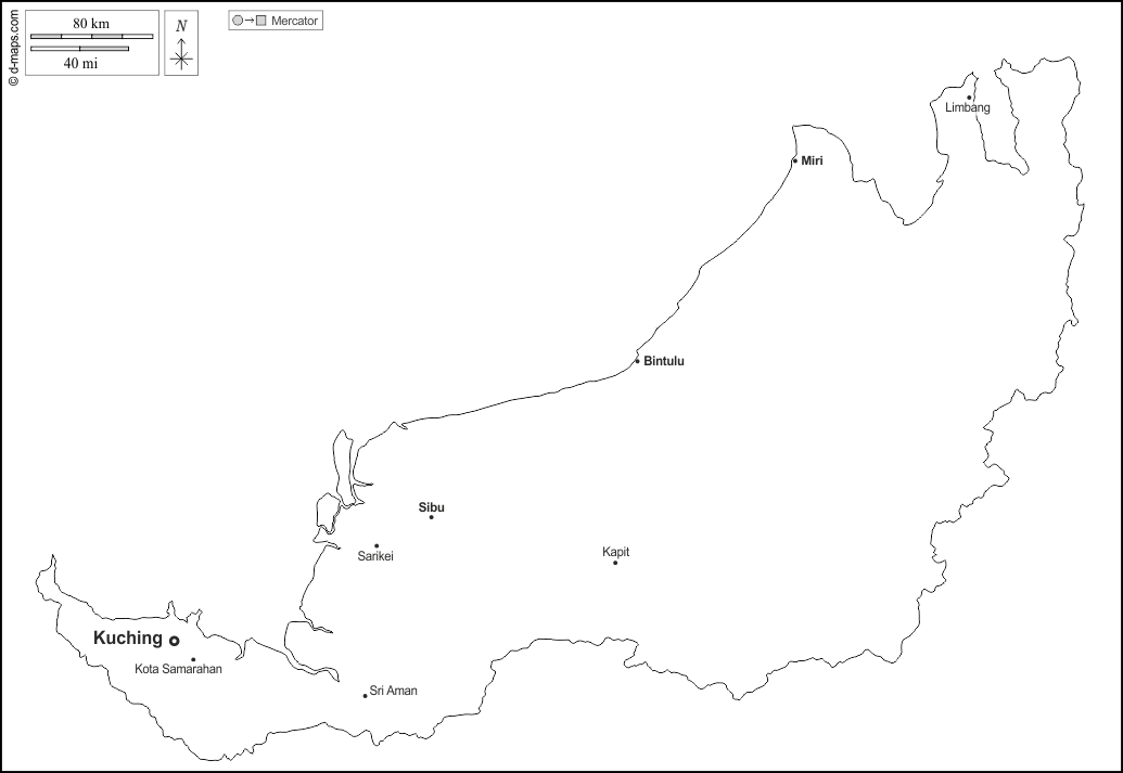 Sarawak : d-maps.com: Kostenlose Karten, kostenlose stumme Karte, kostenlose unausgefüllt Landkarte, kostenlose hochauflösende Umrisskarte : Umrisse, Wichtige Städte, Namen, weiß