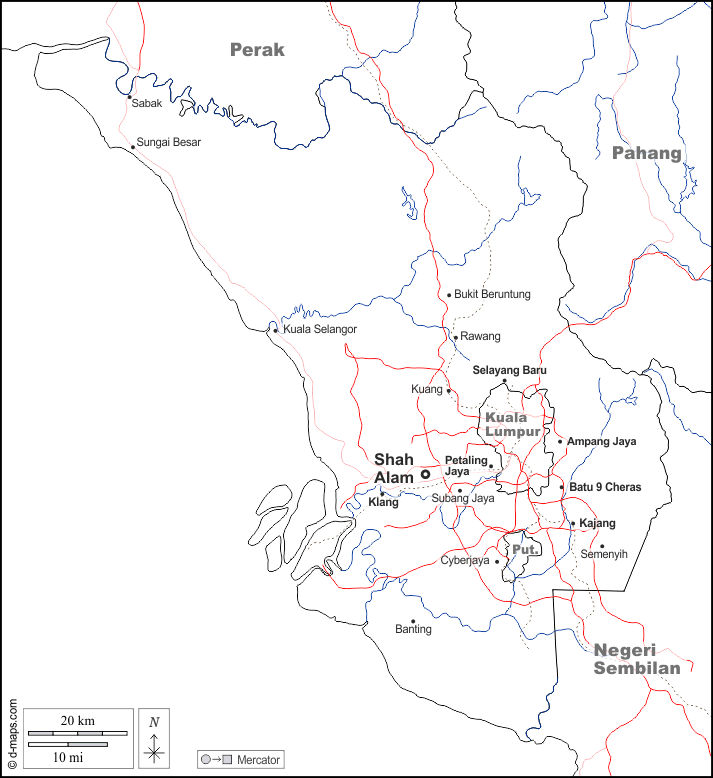 雪蘭莪 : d-maps.com: 免费地图, 免费的空白地图, 免费的轮廓地图, 免费基地地图 : 边界, 水文学, 主要城市, 道路, 名称, 白