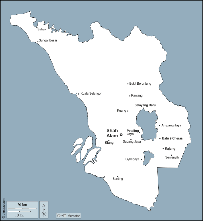 Selangor : d-maps.com: mapa livre, mapa em branco livre, mapa livre do esboço, mapa básico livre
 : contornos, principais cidades, nomes