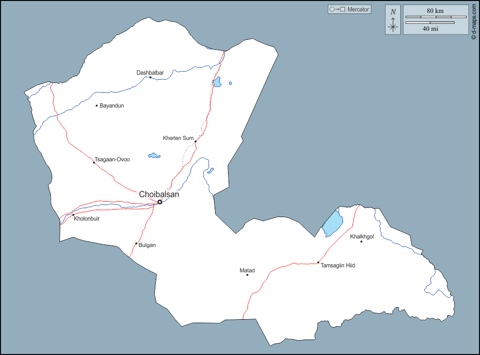 Dornod : d-maps.com: mappa gratuita, mappa muta gratuita, cartina muta gratuita : contorni, idrografia, principali città, strade, nomi