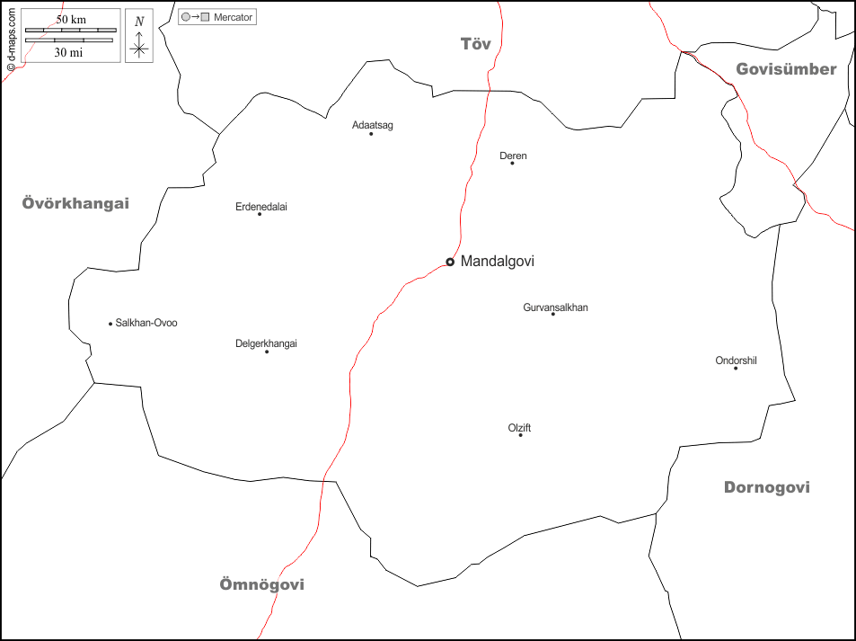 Dundgobi : d-maps.com: mappa gratuita, mappa muta gratuita, cartina muta gratuita : frontiere, principali città, strade, nomi, bianco