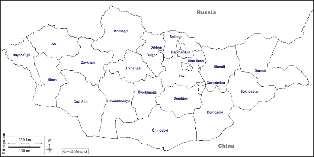 モンゴル : d-maps.com: 無料地図, 無料の空の地図, 無料のアウトラインマップ, 無料のベースマップ
 : 境界, 地方, 名前, 白い