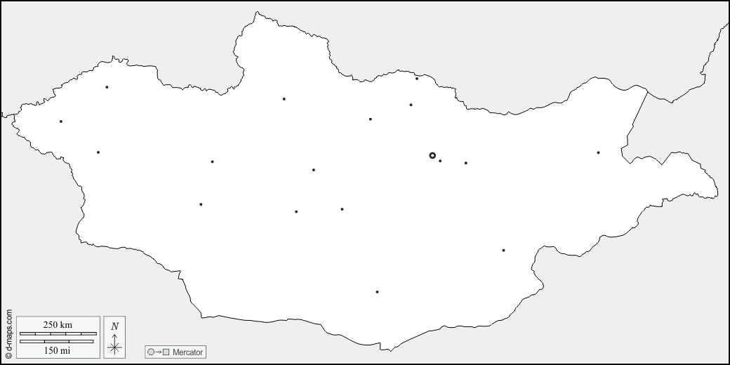 モンゴル : d-maps.com: 無料地図, 無料の空の地図, 無料のアウトラインマップ, 無料のベースマップ
 : 境界, 主要都市