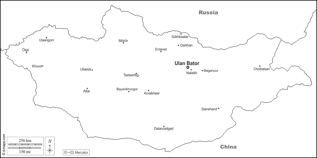 Mongolei : d-maps.com: Kostenlose Karten, kostenlose stumme Karte, kostenlose unausgefüllt Landkarte, kostenlose hochauflösende Umrisskarte : Grenzen, Wichtige Städte, Namen, weiß