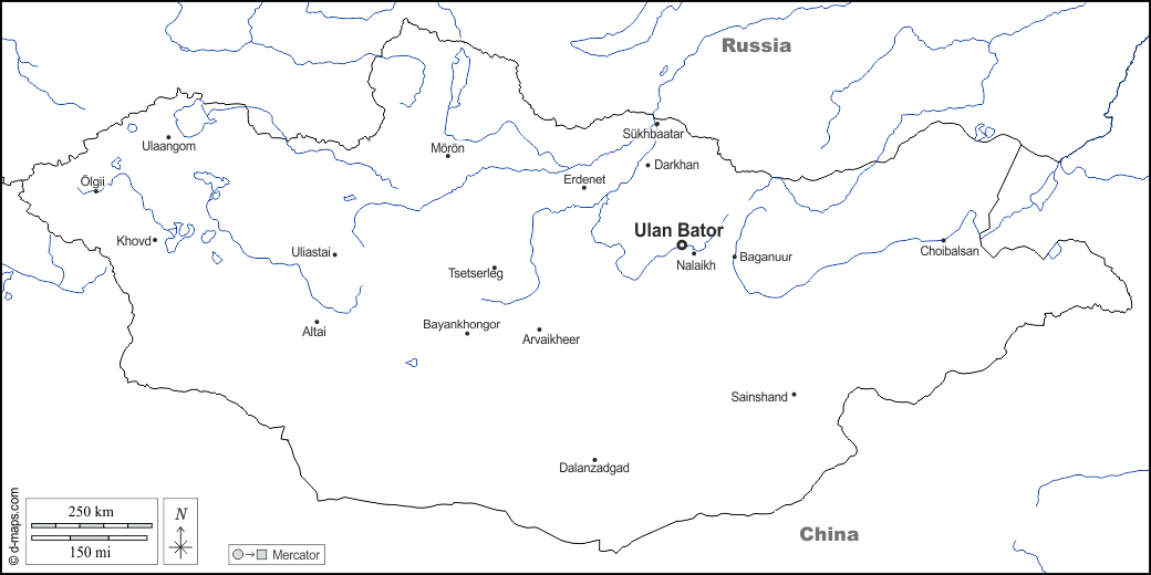 Mongolia : d-maps.com: mapa gratuito, mapa mudo gratuito, mapa en blanco gratuito, plantilla de mapa : fronteras, hidrografía, principales ciudades, nombres, blanco