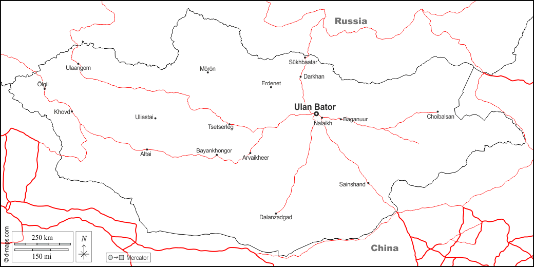 Монголия : d-maps.com: Бесплатная карта, бесплатная карта, свободная карта, Бесплатная базовая карта
 : границы, Главные города, дорог, имена, Белый