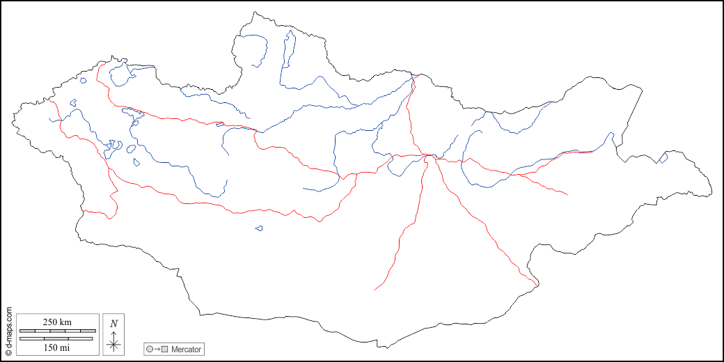 Mongolia : d-maps.com: mappa gratuita, mappa muta gratuita, cartina muta gratuita : contorni, idrografia, strade, bianco