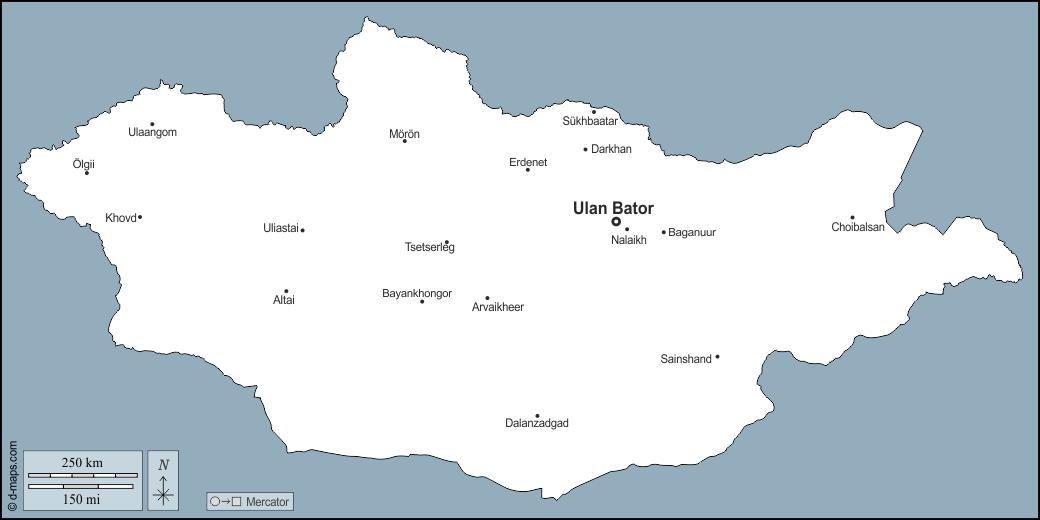 Mongolie : d-maps.com: carte géographique gratuite, carte géographique muette gratuite, carte vierge gratuite, fond de carte gratuit, formats graphiques courants : contours, principales villes, noms