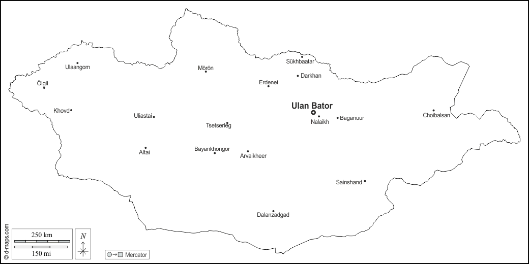 Mongolia : d-maps.com: mapa gratuito, mapa mudo gratuito, mapa en blanco gratuito, plantilla de mapa : contornos, principales ciudades, nombres, blanco