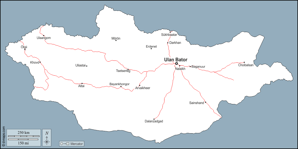 Mongolia : d-maps.com: mappa gratuita, mappa muta gratuita, cartina muta gratuita : contorni, principali città, strade, nomi
