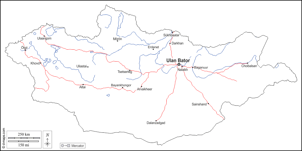 Mongolie : d-maps.com: carte géographique gratuite, carte géographique muette gratuite, carte vierge gratuite, fond de carte gratuit, formats graphiques courants : contours, hydrographie, principales villes, routes, noms, blanc