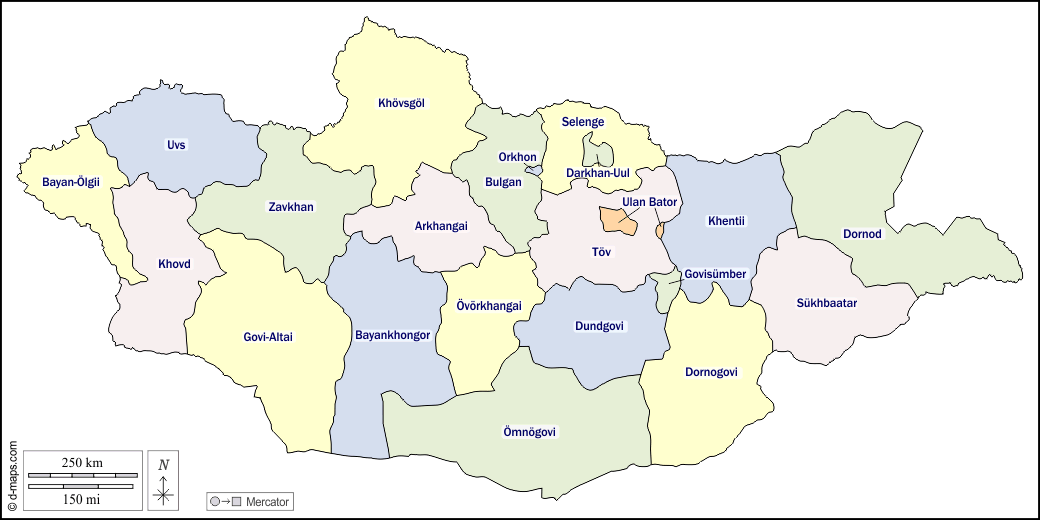 Mongolia : d-maps.com: mappa gratuita, mappa muta gratuita, cartina muta gratuita : contorni, province, nomi, colore, bianco