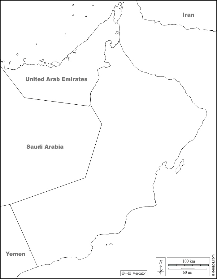 سلطنة عمان : خريطة مجانية, خريطة خاليه من الفراغ, خريطة الخطوط العريضة, خريطة القاعدة الحرة
 : حدود, أسماء, أبيض