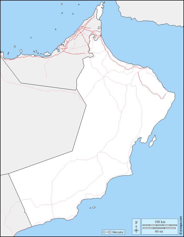 سلطنة عمان : خريطة مجانية, خريطة خاليه من الفراغ, خريطة الخطوط العريضة, خريطة القاعدة الحرة
 : حدود, الطرق