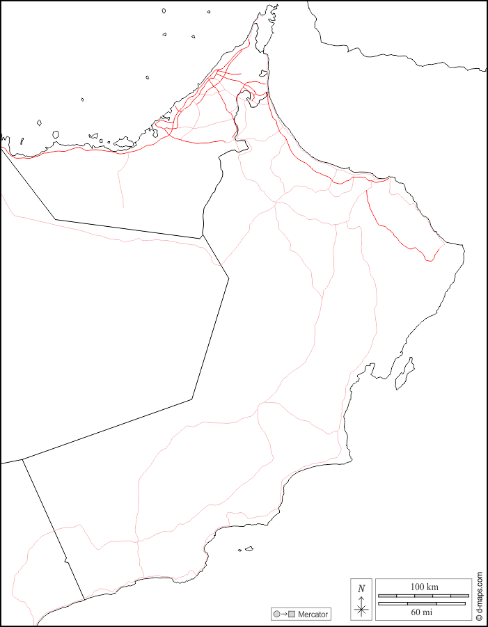 سلطنة عمان : خريطة مجانية, خريطة خاليه من الفراغ, خريطة الخطوط العريضة, خريطة القاعدة الحرة
 : حدود, الطرق, أبيض