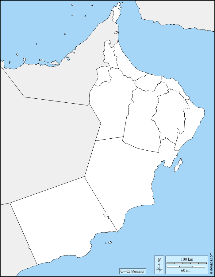 سلطنة عمان : خريطة مجانية, خريطة خاليه من الفراغ, خريطة الخطوط العريضة, خريطة القاعدة الحرة
 : حدود, محافظات