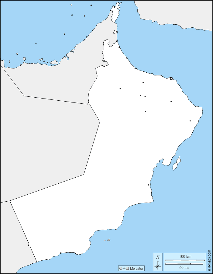 سلطنة عمان : خريطة مجانية, خريطة خاليه من الفراغ, خريطة الخطوط العريضة, خريطة القاعدة الحرة
 : حدود, المدن الرئيسية