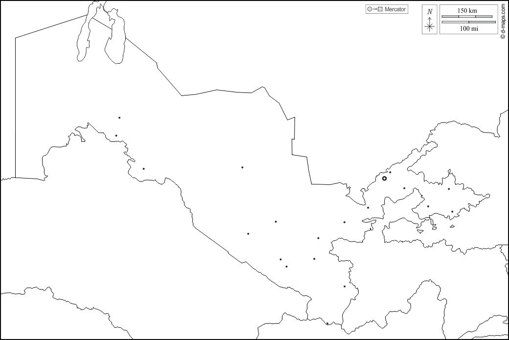ウズベキスタン : d-maps.com: 無料地図, 無料の空の地図, 無料のアウトラインマップ, 無料のベースマップ
 : 境界, 主要都市, 白い