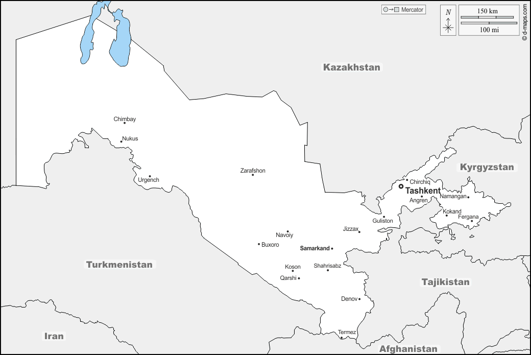 ウズベキスタン : d-maps.com: 無料地図, 無料の空の地図, 無料のアウトラインマップ, 無料のベースマップ
 : 境界, 主要都市, 名前