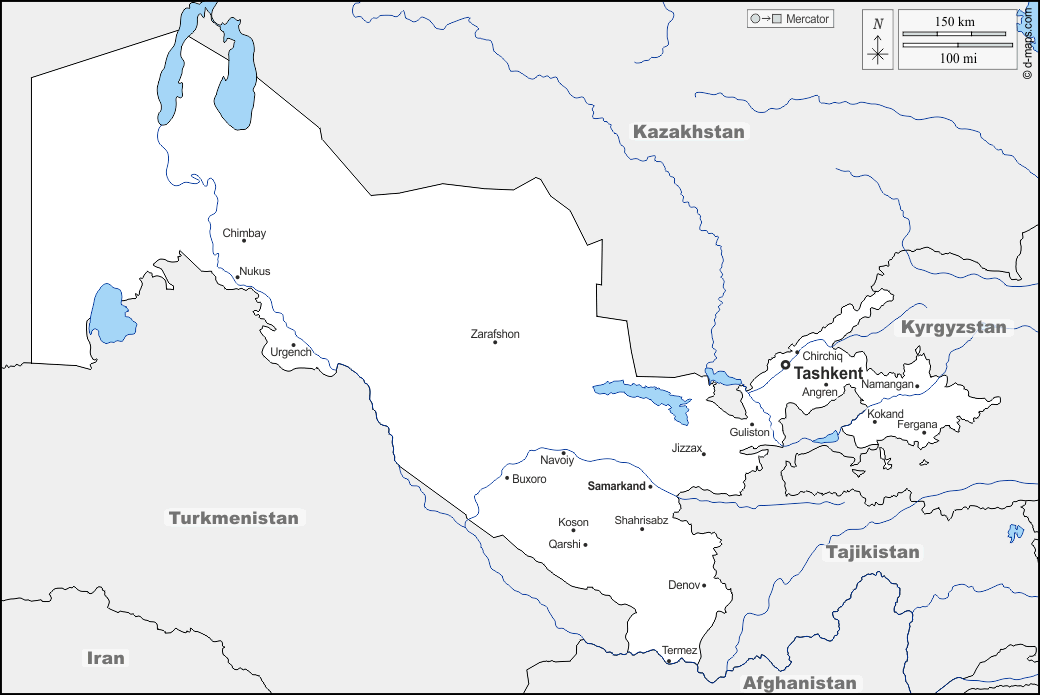 Uzbekistan : d-maps.com: free map, free blank map, free outline map, free base map : boundaries, hydrography, main cities, names