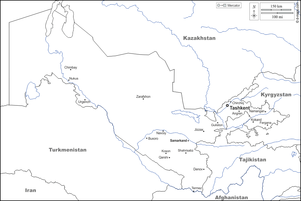 Ouzbékistan : d-maps.com: carte géographique gratuite, carte géographique muette gratuite, carte vierge gratuite, fond de carte gratuit, formats graphiques courants : frontières, hydrographie, principales villes, noms, blanc