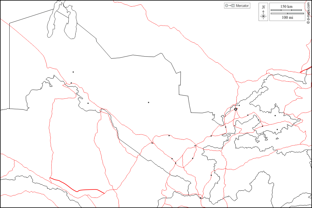 Uzbekistan : d-maps.com: free map, free blank map, free outline map, free base map : boundaries, main cities, roads, white