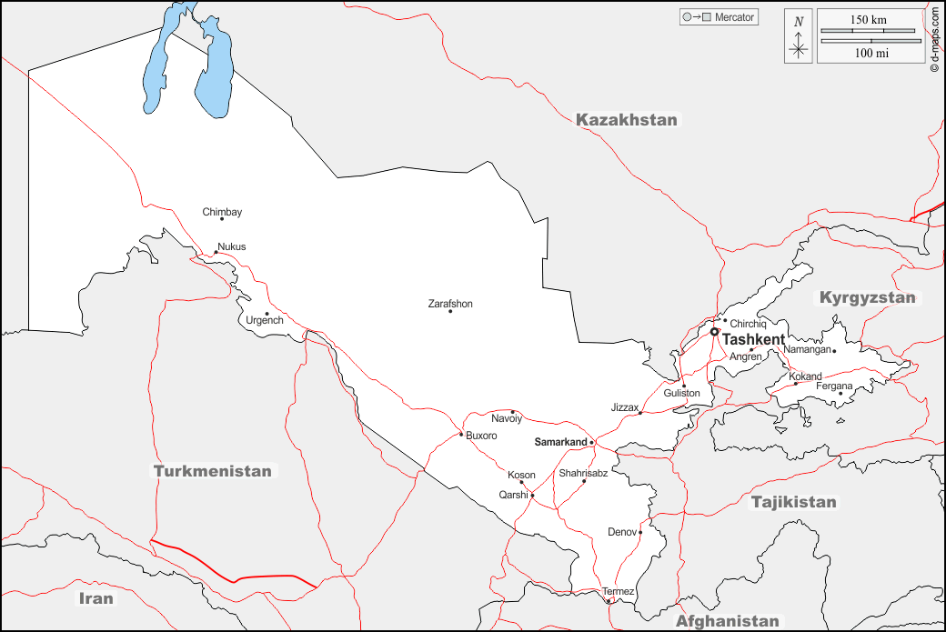 Uzbekistan : d-maps.com: mappa gratuita, mappa muta gratuita, cartina muta gratuita : frontiere, principali città, strade, nomi