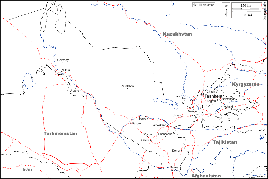 Uzbekistan : d-maps.com: free map, free blank map, free outline map, free base map : boundaries, hydrography, main cities, roads, names, white