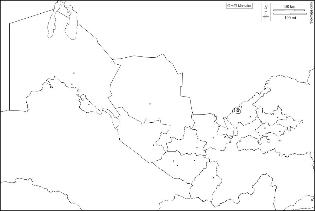 Uzbekistan : d-maps.com: free map, free blank map, free outline map, free base map : boundaries, provinces, main cities, white