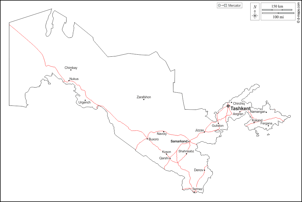 Uzbekistan : d-maps.com: mappa gratuita, mappa muta gratuita, cartina muta gratuita : contorni, principali città, strade, nomi, bianco