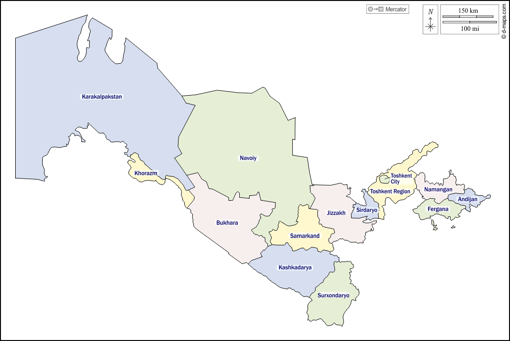 Uzbekistan : d-maps.com: mappa gratuita, mappa muta gratuita, cartina muta gratuita : contorni, province, nomi, colore, bianco