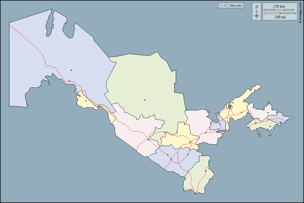 Usbekistan : d-maps.com: Kostenlose Karten, kostenlose stumme Karte, kostenlose unausgefüllt Landkarte, kostenlose hochauflösende Umrisskarte : Umrisse, Provinzen, Wichtige Städte, Straßen, Farbe