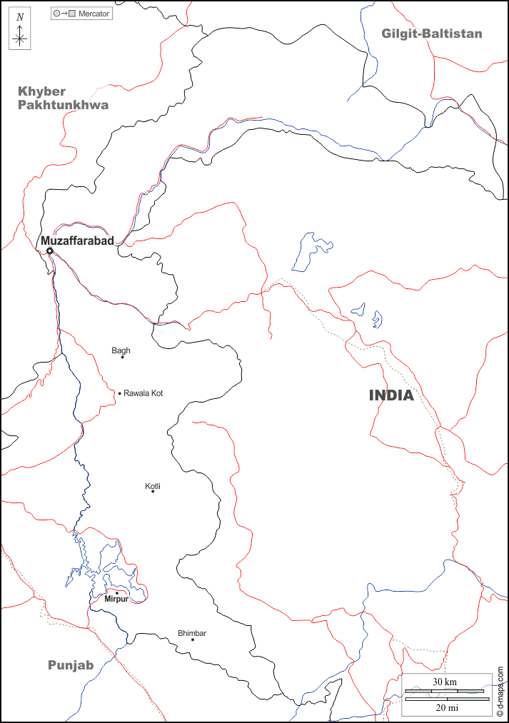 آزاد كشمير : خريطة مجانية, خريطة خاليه من الفراغ, خريطة الخطوط العريضة, خريطة القاعدة الحرة
 : حدود, هيدروغرافيا, المدن الرئيسية, الطرق, أسماء, أبيض
