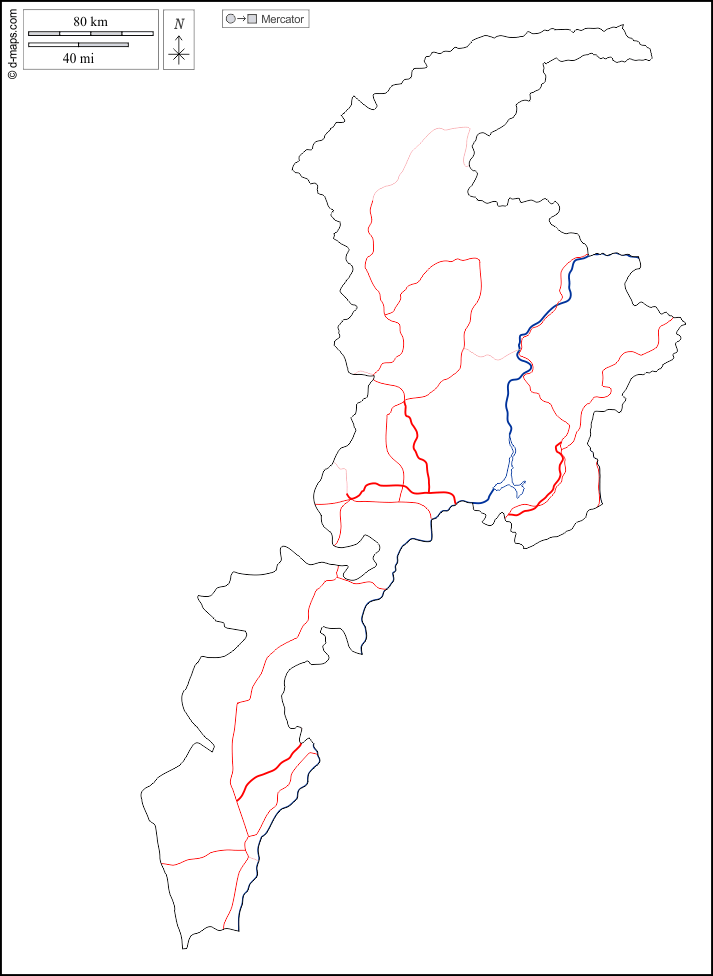 开伯尔-普赫图赫瓦省 : d-maps.com: 免费地图, 免费的空白地图, 免费的轮廓地图, 免费基地地图 : 大纲, 水文学, 道路, 白