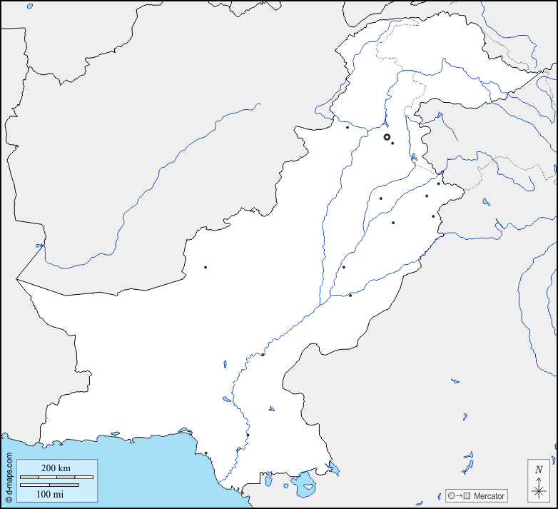 巴基斯坦 : d-maps.com: 免费地图, 免费的空白地图, 免费的轮廓地图, 免费基地地图 : 边界, 水文学, 主要城市