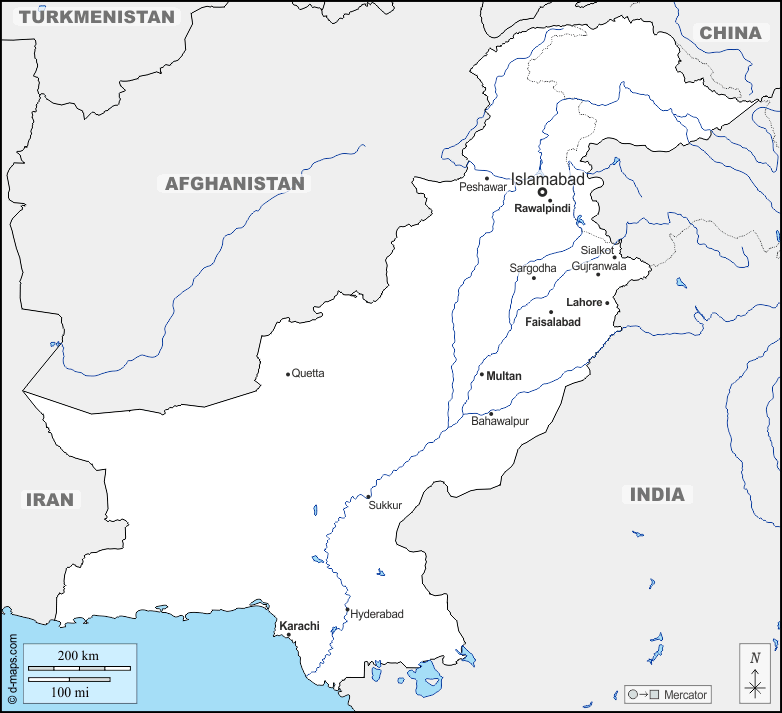 باكستان : خريطة مجانية, خريطة خاليه من الفراغ, خريطة الخطوط العريضة, خريطة القاعدة الحرة
 : حدود, هيدروغرافيا, المدن الرئيسية, أسماء