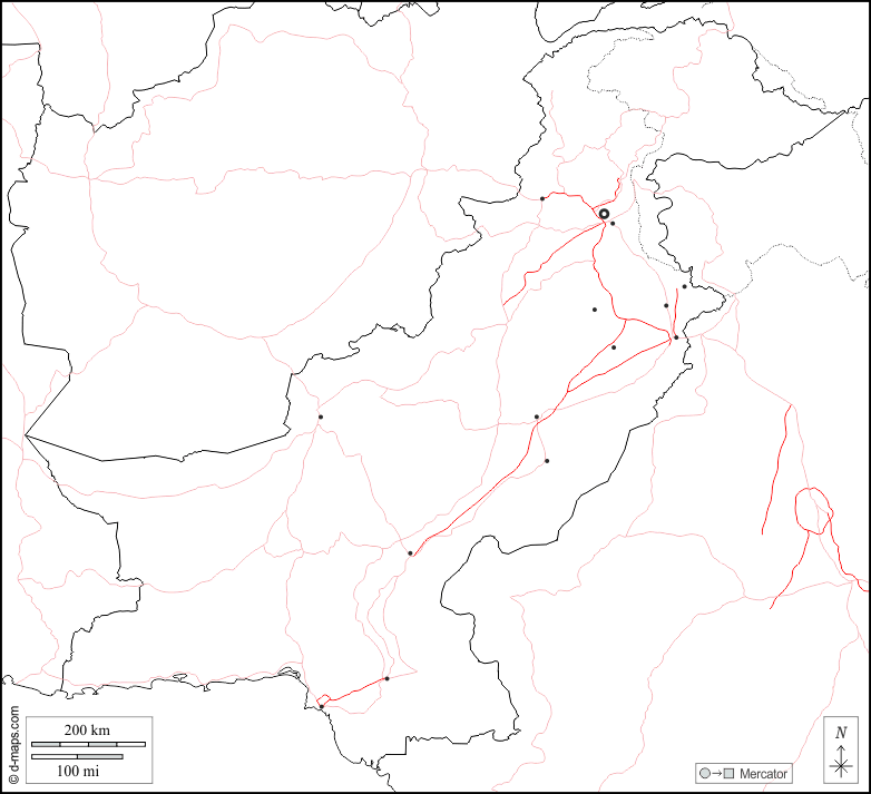 パキスタン : d-maps.com: 無料地図, 無料の空の地図, 無料のアウトラインマップ, 無料のベースマップ
 : 境界, 主要都市, 道路, 白い