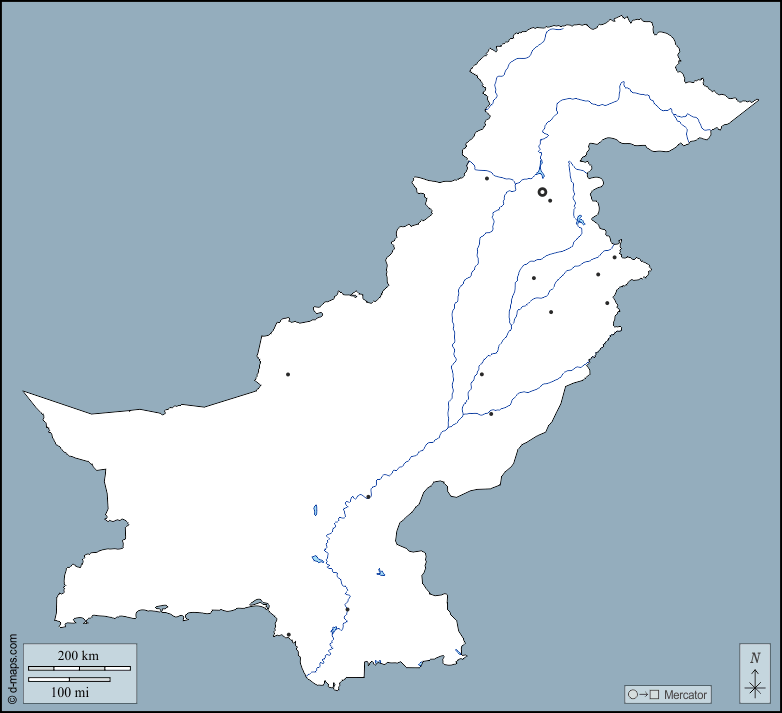 Pakistan : d-maps.com: carte géographique gratuite, carte géographique muette gratuite, carte vierge gratuite, fond de carte gratuit, formats graphiques courants : contours, hydrographie, principales villes