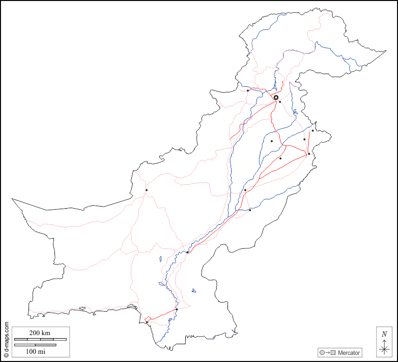 Pakistan : d-maps.com: carte géographique gratuite, carte géographique muette gratuite, carte vierge gratuite, fond de carte gratuit, formats graphiques courants : contours, hydrographie, principales villes, routes, blanc