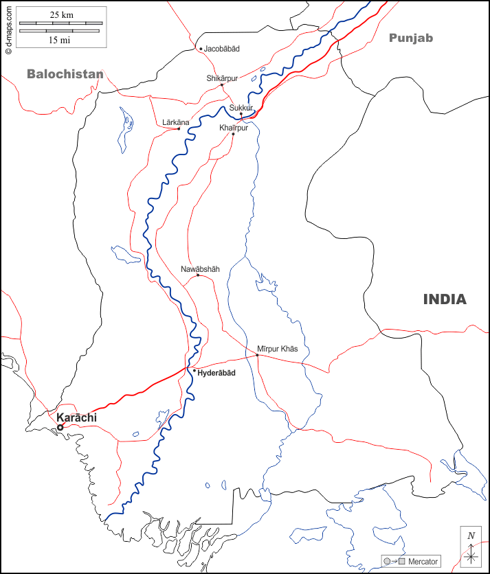 Sindh : d-maps.com: Kostenlose Karten, kostenlose stumme Karte, kostenlose unausgefüllt Landkarte, kostenlose hochauflösende Umrisskarte : Grenzen, Hydrografie, Wichtige Städte, Straßen, Namen, weiß